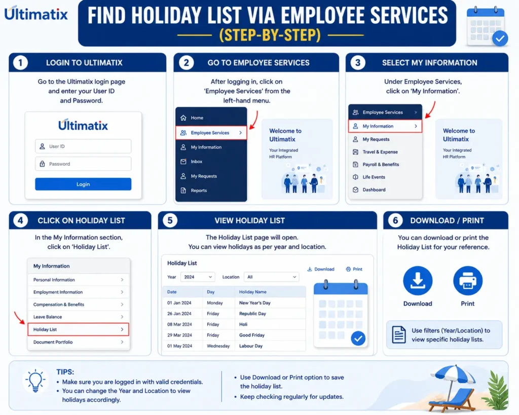Find Holiday List via Employee Services (Step-by-Step)