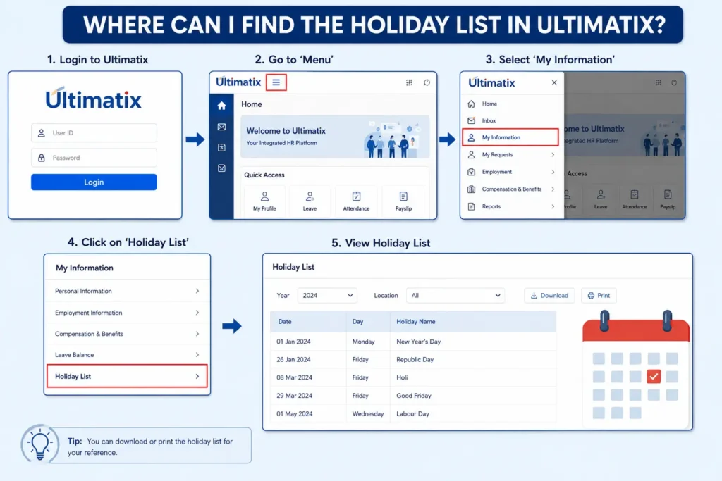 where can i find holiday list in ultimatix